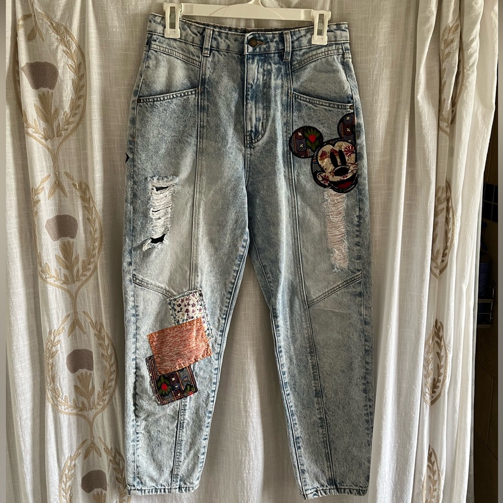 Desigual High Rise Jeans with Mickey Patch - Light Blue